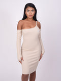 Vestido con hombros descubiertos- Beige