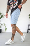 CHECKERBOARD DENIM SHORTS - LIGHT BLUE