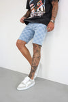 CHECKERBOARD DENIM SHORTS - LIGHT BLUE