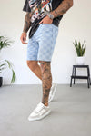 CHECKERBOARD DENIM SHORTS - LIGHT BLUE